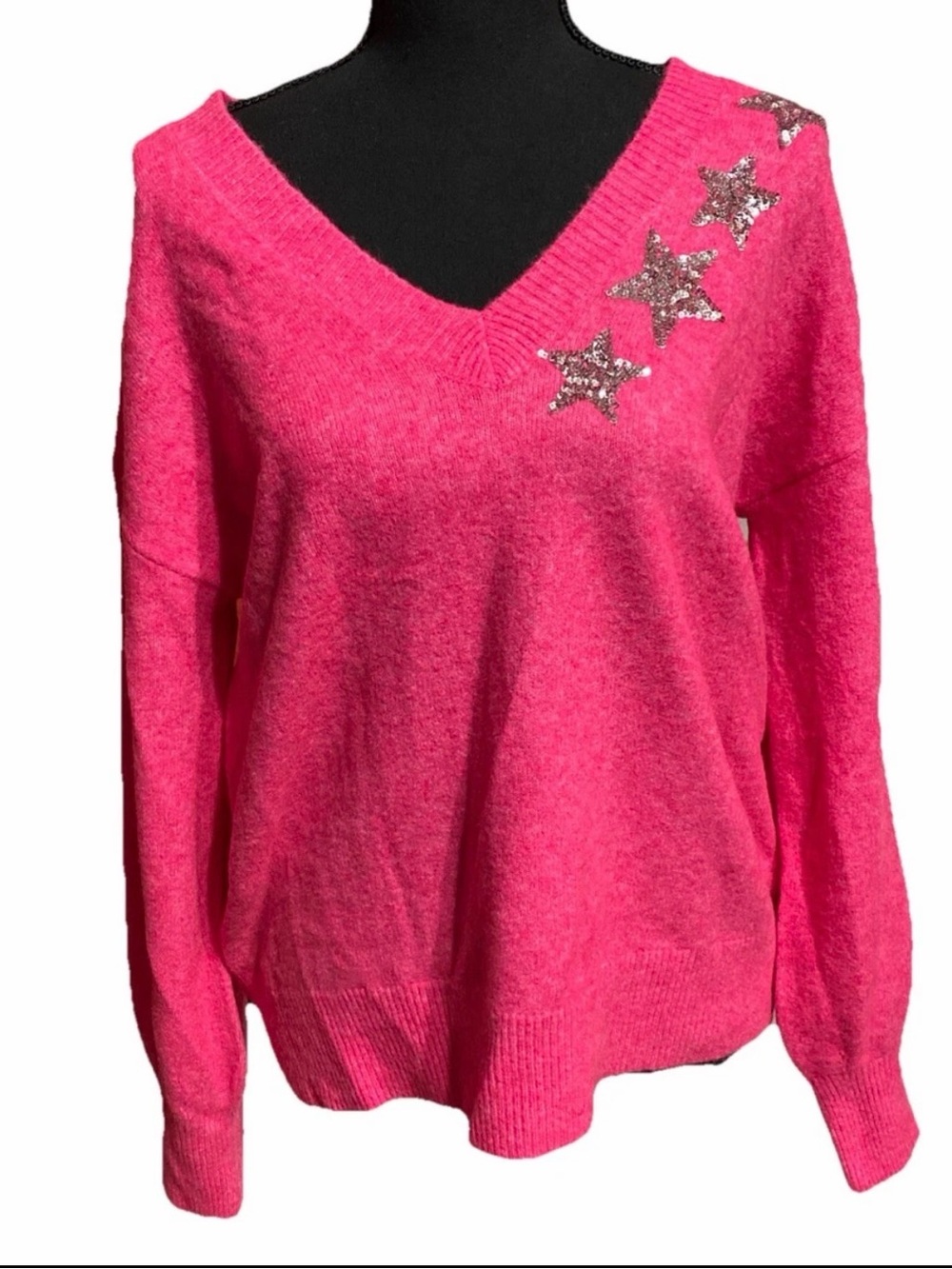 LOFT Wool blend V Neck Front & Back Sequin Star Sweater Women Size   Medium